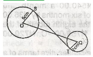 In the figure, the line segment ST is tangent to two circles at S and T. O and Q are the centres of the circles with OS = 5cm. QT = 2cm and OR = 14cm. Find ST 